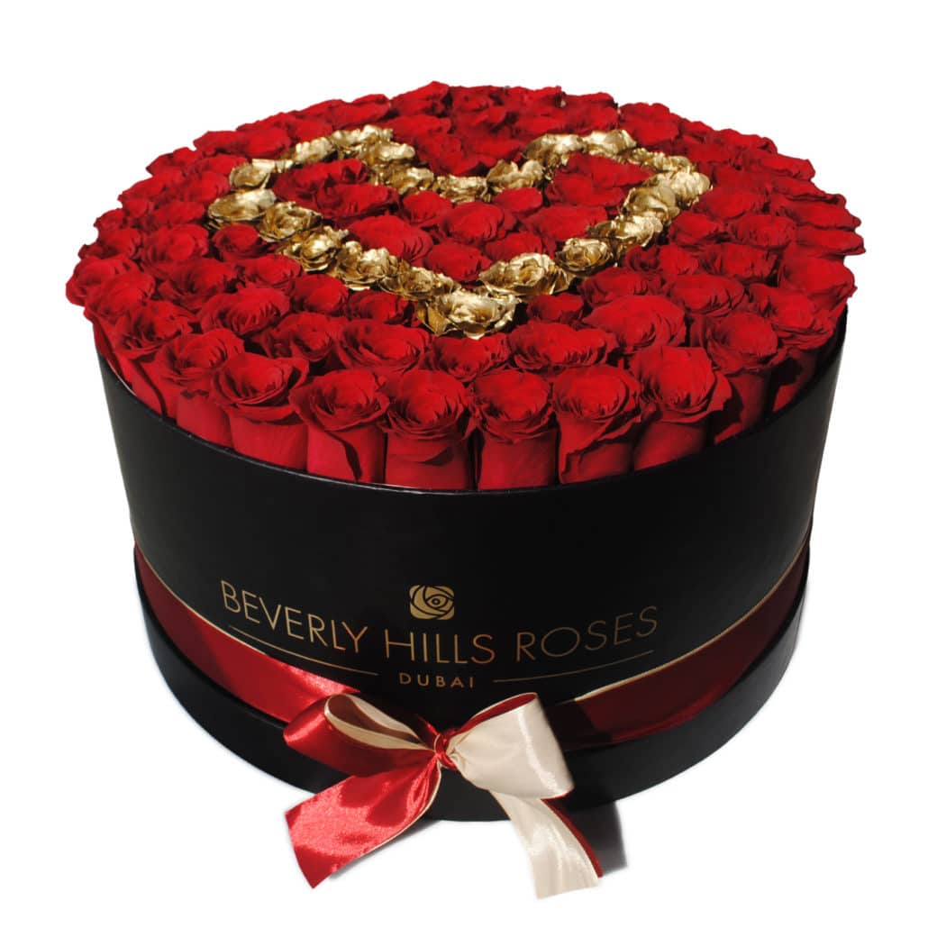 red & gold roses in ‘golden heart’
