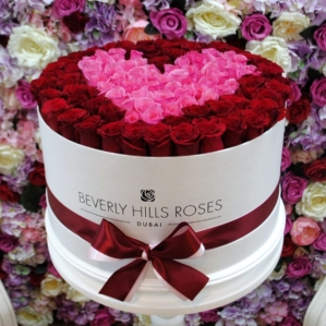 Red Pink Roses Heart Design in Round Box