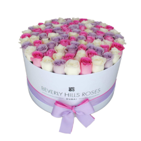 Purple, Pink, White roses in a luxury box