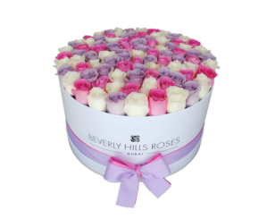 Purple, Pink, White roses in a luxury box