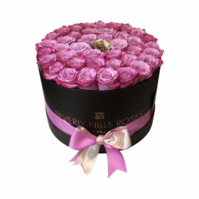 Purple & gold rose bouquet in flower box