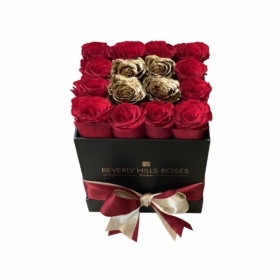 Red & Gold rose bouquet in flower box