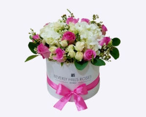 Gorgeous Pink Roses Bouquet & White Hydrangeas in round box