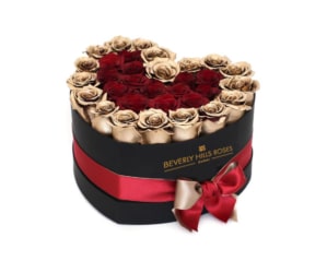 Gold & Red roses in valentines Heart Box
