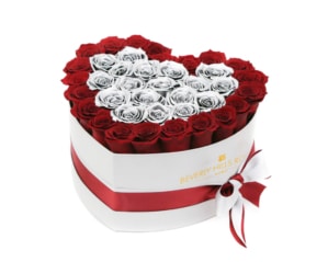 Red & Silver roses in Heart Box