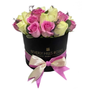 Baby Pink flowers & White roses in Round Box