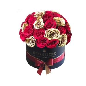 Red & Gold roses in Globe shape - Round box
