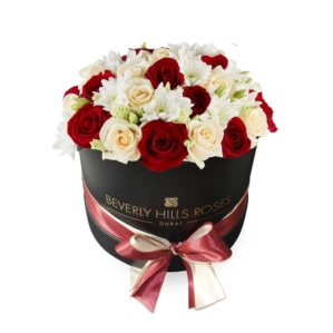 Red flowers & Peach flowers in Round Box