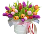 Colorful Tulips Bouquet In Round Box