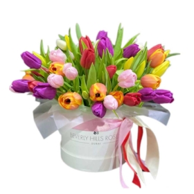 Colorful Tulips Bouquet In Round Box