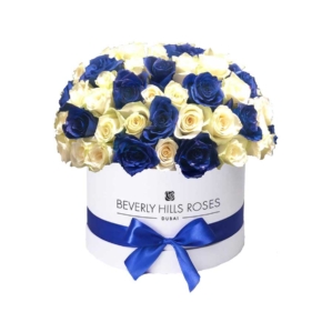 White & Blue roses in Globe shape - Round box
