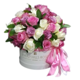 White, Pink & Purple roses in 'Sweet Mix' in hat box