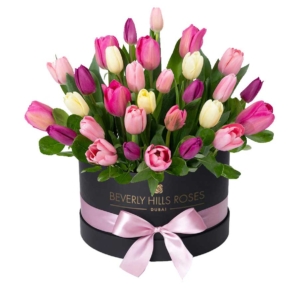 Colourful Mixed Tulips In Round Black Box