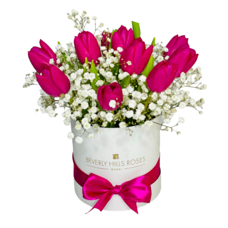 Pink Tulips With Baby's Breath Gypsophila In Mini White Box