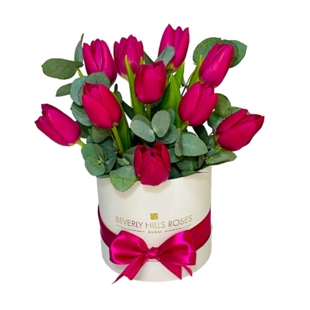 Pink Tulips With Eucalyptus in Mini White box