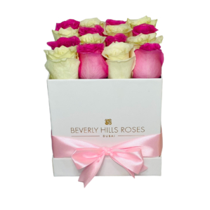 Pink & White roses in Square white box light ribbon