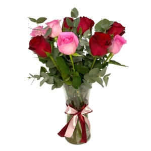 Red and Pink Roses in Vase