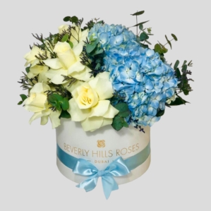 White roses & Blue hydrangeas in Majestic white box 1