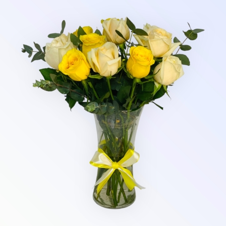 Yellow and Peach Roses in Vase