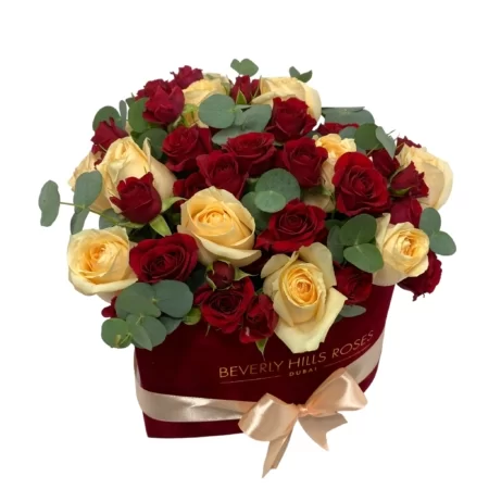 Red & Peach Roses In Heart Box