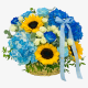 Baby boy flower basket with blue roses, hydrangeas, and sunflowers in a decorative basket, ideal newborn gift in Duba