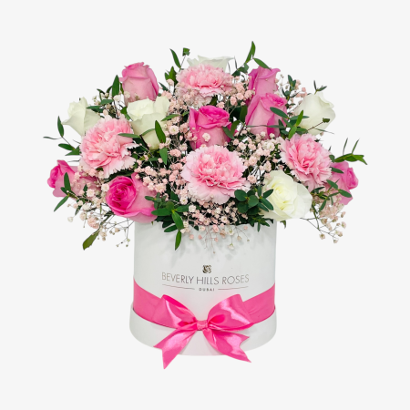 Luxury Roses & Carnations Flower Box Dubai with pink carnations, pink roses, white roses and pink gypsophila