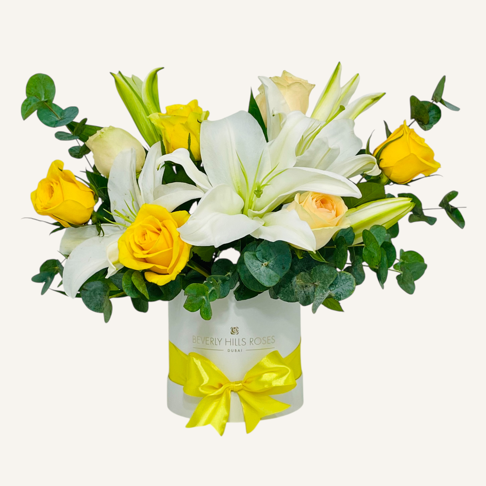 Yellow & Peach Roses & White Lilies in a Round Box 1