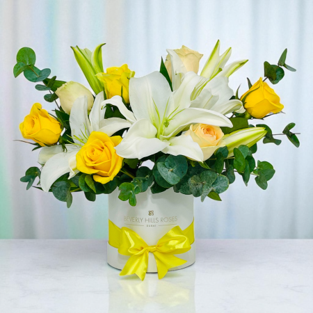 Yellow & Peach Roses & White Lilies in a Round Box 2