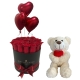 White teddy bear with red heart, red roses and three red heart balloons