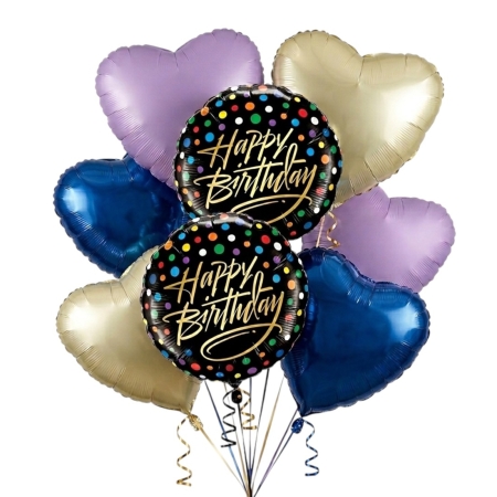 Blue gold lilac birthday balloon bouquet with heart balloons for celebration and party decoration.
