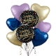 Blue gold lilac birthday balloon bouquet with heart balloons for celebration and party decoration.