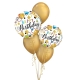 Birthday balloon bouquet with gold latex balloons and glitter‑dot “Happy Birthday” foil balloons.