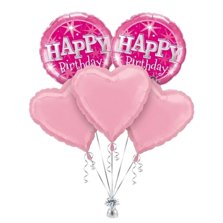 Pink sparkle birthday balloon bouquet with foil “Happy Birthday” balloons and soft pink heart helium balloons.