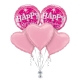 Pink sparkle birthday balloon bouquet with foil “Happy Birthday” balloons and soft pink heart helium balloons.