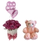 Pink gift set with 20 pink and purple roses, a pink teddy bear and three pink heart balloons for a baby girl.